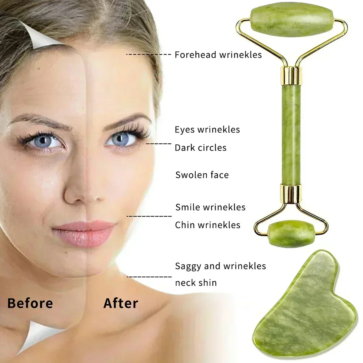 Jade Face Massager & Gua Sha Set for Natural Facial Spa